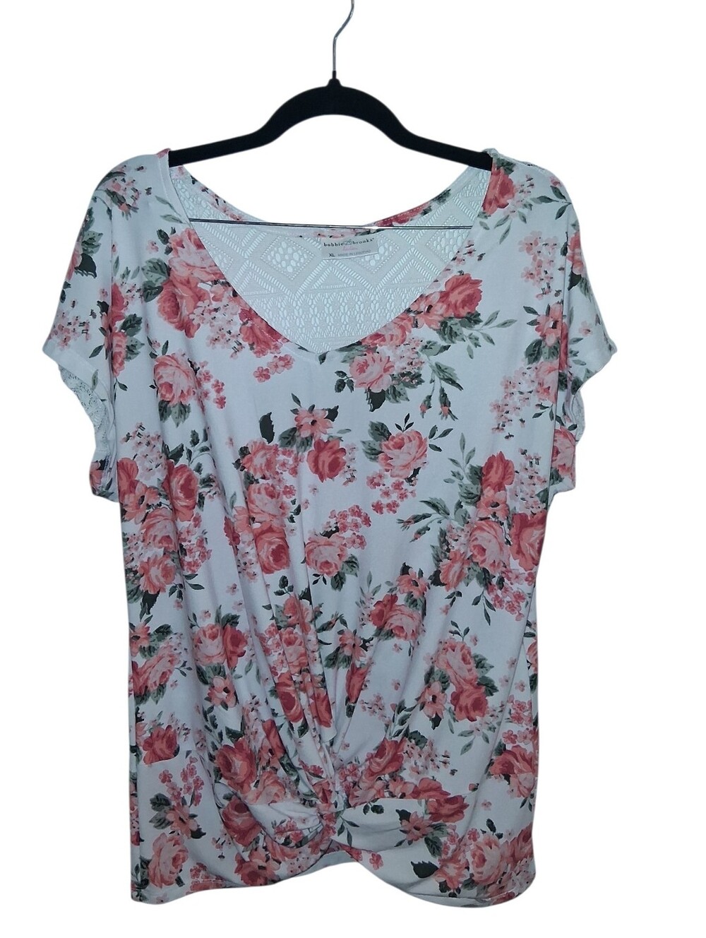 Bobbie Brooks XL Floral Twist Front White Pink Rose Short Sleeve Blouse Women's